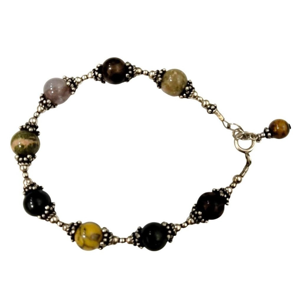 Earth Tone Stone Silver Bracelet Artisan Adjustable 7 to 8 Inch